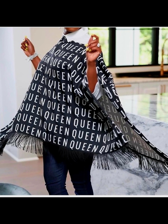 Sassy Jones Tops - Sassy Jones Queen Print Fringe Poncho in Black and White